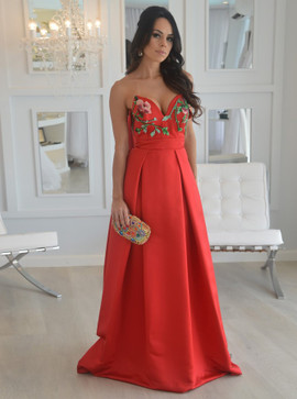 Appliques Floral Sweetheart Long Red Satin Prom Dress 