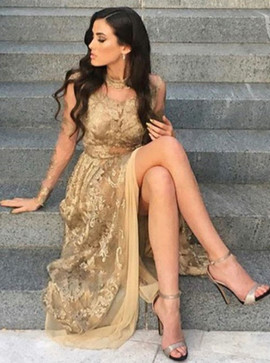  Appliques Gold Tulle  High Neck Long Sleeves Prom Dress