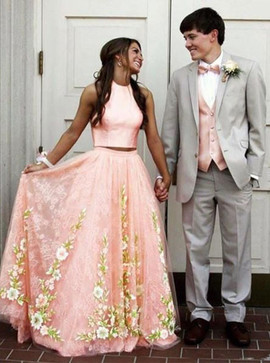  Lace Appliques Two Piece Floral Pink Tulle Prom Dress