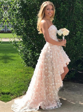  Appliques High Low Strapless Pearl Pink Lace Prom Dress