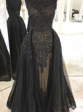 Appliques A-Line Bateau Detachable Train Black Tulle Prom Dress