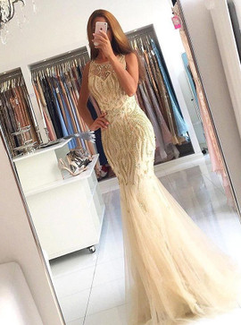Mermaid Jewel Gold Long Beading Tulle Prom Dress