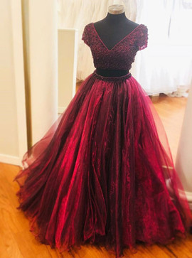 Beading Two Piece V-Neck Short Sleeves Purple Tulle Prom Dress