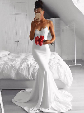 Mermaid  Lace Spaghetti Straps Long White Prom Dress