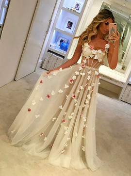 Flowers Spaghetti Straps Long Ivory Tulle Prom Dress 
