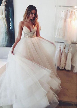 Beads Tulle Spaghetti Straps Ruffles Ball Gown Wedding Dress