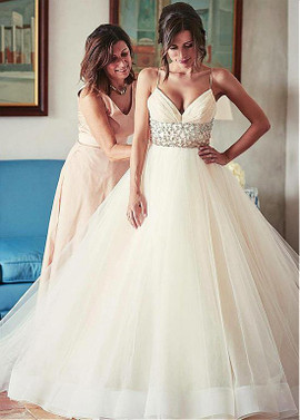 Beads Tulle Spaghetti Straps Ruffles Ball Gown Wedding Dress