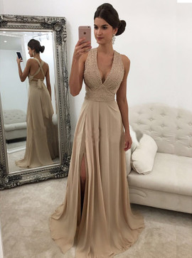 Sheath Deep V-Neck Beading Criss-Cross Straps Champagne Chiffon Prom Dress 