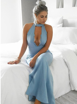 Mermaid Halter Appliques Keyhole Blue Stretch Satin Prom Dress