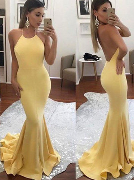 Mermaid Halter Long Backless Yellow Stretch Satin Prom Dress