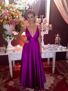 A-Line Deep V-Neck Purple  Backless  Stretch Satin Prom Dress