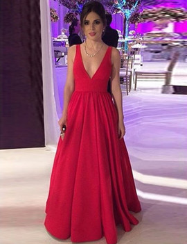 A-Line Deep V-Neck Long Backless Red Satin Prom Dress