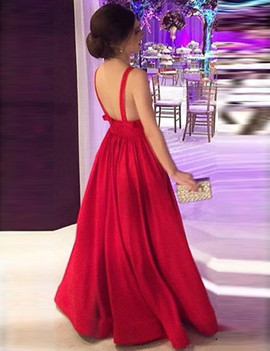 A-Line Deep V-Neck Long Backless Red Satin Prom Dress