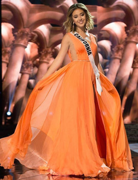 Sheath Sash Deep V-Neck S Split-Side Orange Chiffon Prom Dress