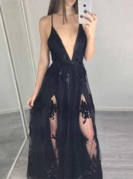 Sheath Deep V-Neck Appliques Criss-Cross Straps Black Tulle Prom Dress 