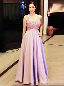A-Line V-Neck Beading Long Pink Stretch Satin Prom Dress 