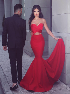 Keyhole Cut Out Red Stretch Satin Mermaid Sweetheart Long Prom Dress
