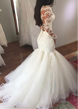  Organza Sheer Long Sleeves Mermaid Wedding Dress With Lace Appliques
