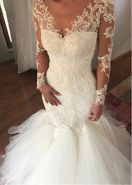  Organza Sheer Long Sleeves Mermaid Wedding Dress With Lace Appliques