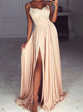 Spaghetti Straps Appliques Split-Side Champagne Chiffon Prom Dress 