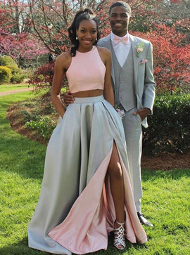 Two Piece Jewel Ruched Split-Side Pink Satin Prom Dress