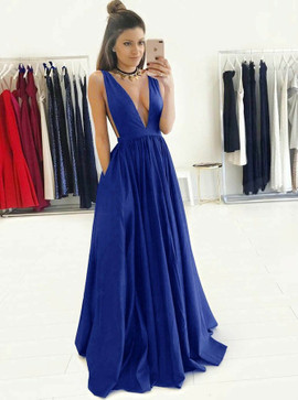 Pockets Royal Blue Taffeta A-Line Deep V-Neck Prom Dress