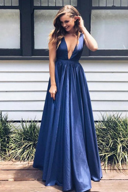 Pockets Royal Blue Taffeta A-Line Deep V-Neck Prom Dress