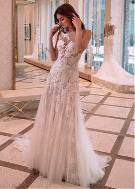 See Through Lace Jewel Neckline See-through A-line Wedding Dress