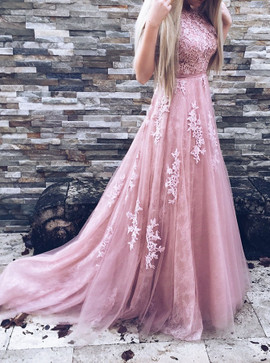  Appliques Crew Court Train Backless Pink Tulle Prom Dress