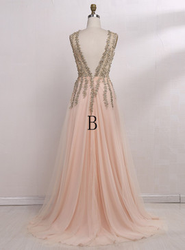 A-Line Deep V-Neck  Beading Champagne Tulle Prom Dress