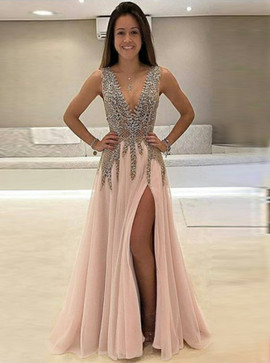 A-Line Deep V-Neck  Beading Champagne Tulle Prom Dress
