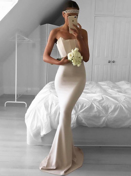 Mermaid Strapless Long Ivory Stretch Satin Prom Dress