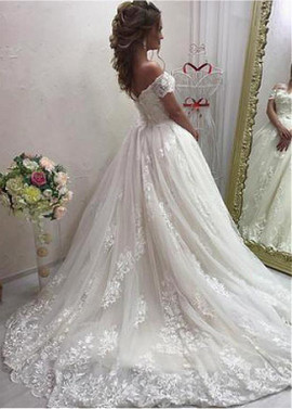 Tulle Off-the-shoulder Appliques Ball Gown Wedding Dress