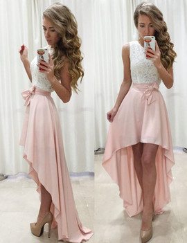 A-Line Jewel Sash Lace High Low Pearl Pink Prom Dress 