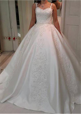 Lace Appliques Satin Spaghetti Straps Neckline Ball Gown Wedding Dress
