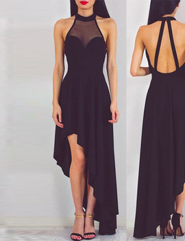 Jewel Sleeveless High Low Open Back Black Prom Dress