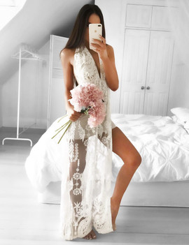 Appliques Split-Side A-Line Halter Backless White Prom Dress 