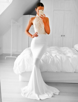 Mermaid High Neck Backless Appliques White Prom Dress