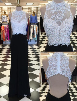 Beading Appliques Sheath High Neck Open Back Long Black Prom Dress 