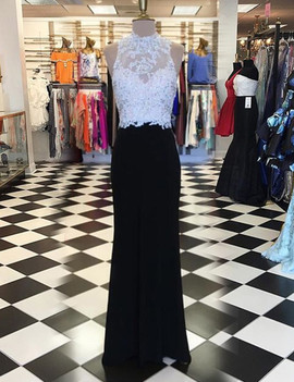 Beading Appliques Sheath High Neck Open Back Long Black Prom Dress 