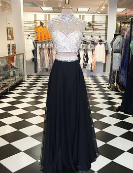 Two Piece High Neck Beading  Cap Sleeves Open Back Black Prom Dress 