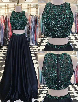 Two Piece Jewel Beading Navy Blue Prom Dress 