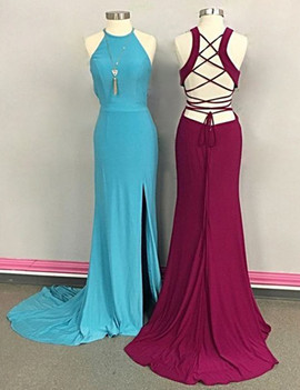 Sheath Jewel Long Backless Blue/Burgundy Prom Dress