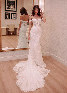 Button Back Off-the-shoulder Neckline Mermaid Wedding Dress