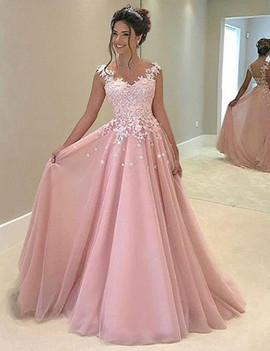 A-Line V-Neck Appliques Long Pink Prom Dress 