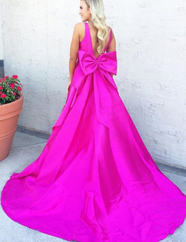 Mermaid V-Neck Bowknot Backless Fuchsia Prom Dress 