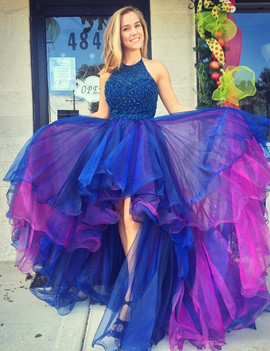 Beading Ruffles Halter Hi-Lo Royal Blue Organza Prom Dress 
