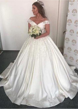 Royal Princess Satin Off-the-shoulder Ball Gown Wedding Dress 