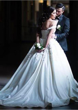 Royal Princess Satin Off-the-shoulder Ball Gown Wedding Dress 