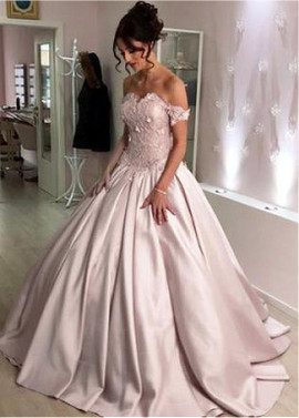 3D Flowers Royal Princess Satin Off-the-shoulder Ball Gown Wedding Dress 